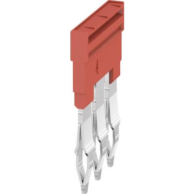 Pont de connexion rouge à quatre broches métalliques, utilisé pour les connexions électriques sur les circuits imprimés.