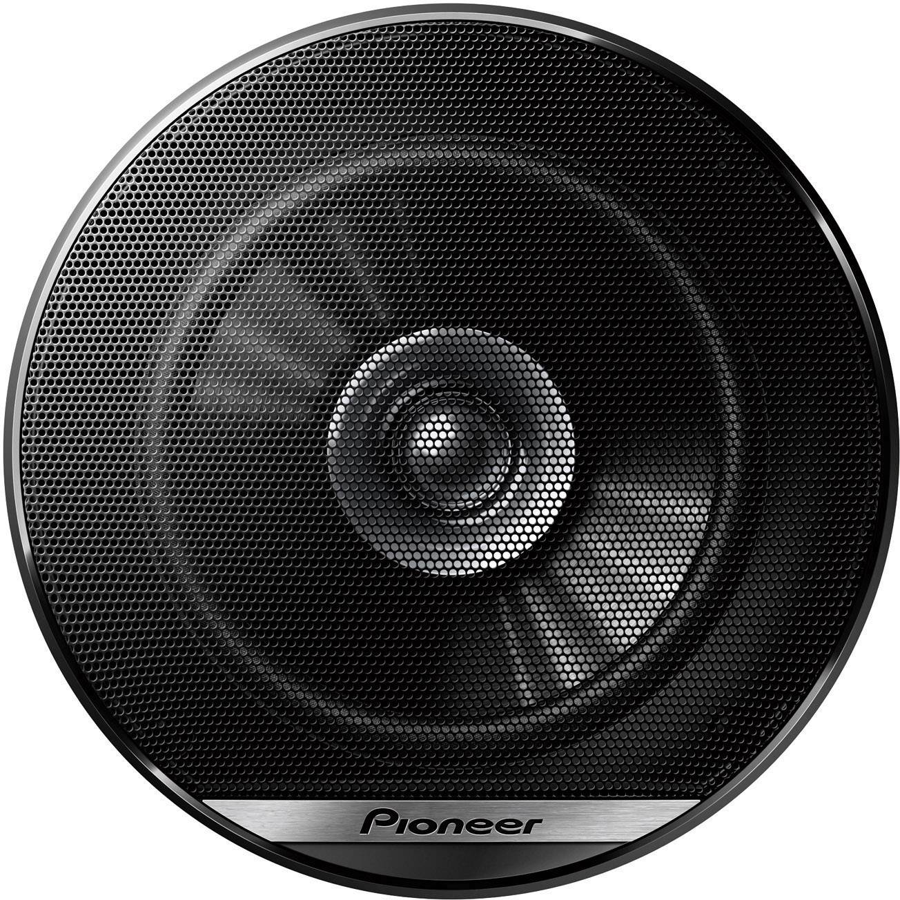 Haut-parleur noir de Pioneer au design circulaire avec un accent argenté au centre.