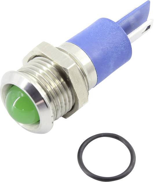 Interrupteur métallique avec bouton vert et connexion bleue, à côté d'un anneau de caoutchouc noir.