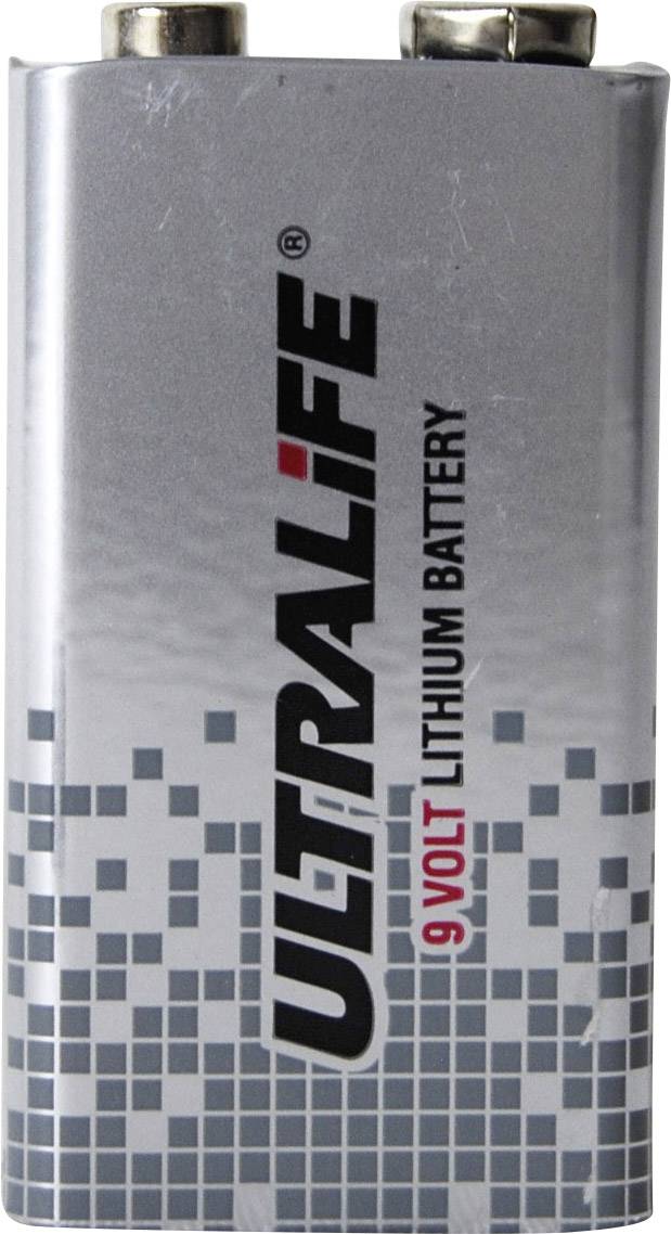 Pile lithium 9 volts argentée avec inscription rouge '9 VOLT' et motif distinctif en bas, marque 'Ultralife'.