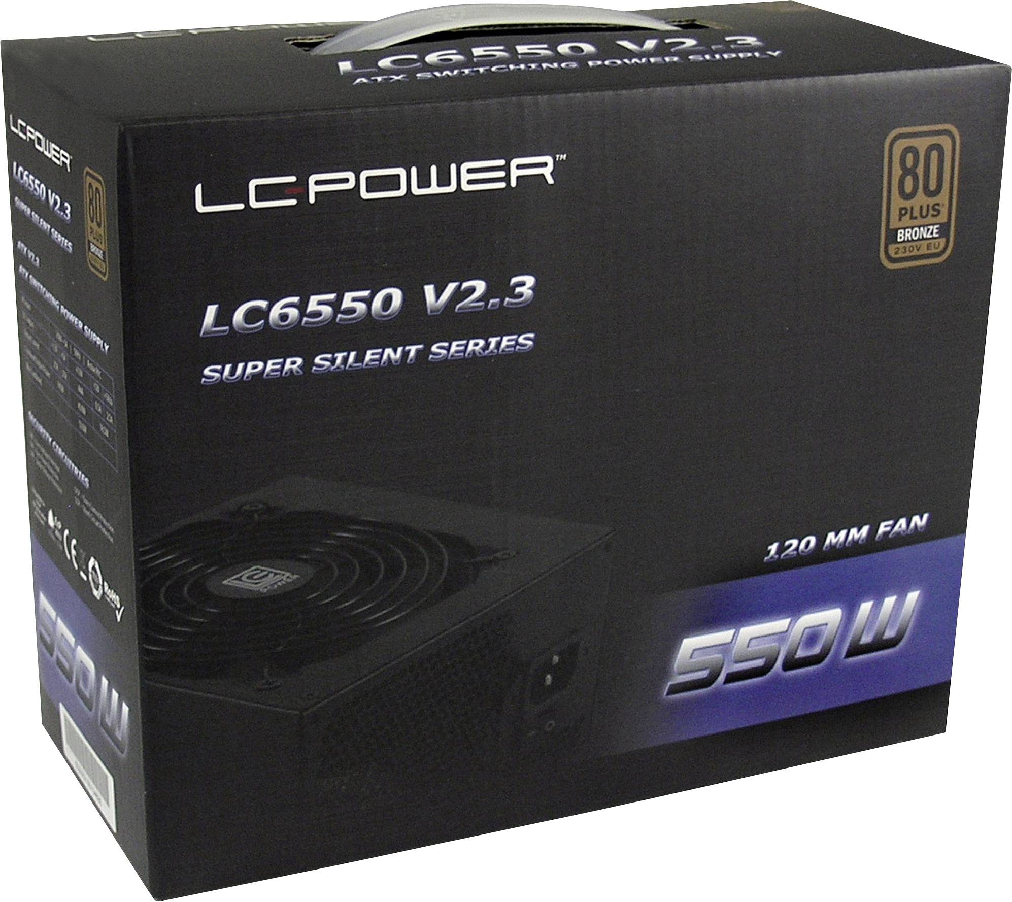 Carton d'alimentation 'LC Power' avec modèle 'LC6550 V2.3', indication de la 'Super Silent Series', puissance de 550 watts, certifié 80 Plus Bronze.