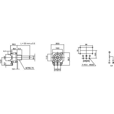 Dessin technique d'un commutateur rotatif avec dimensions et détails de connexion. Présente les vues de face, de côté et de dessus ainsi que le schéma de câblage.