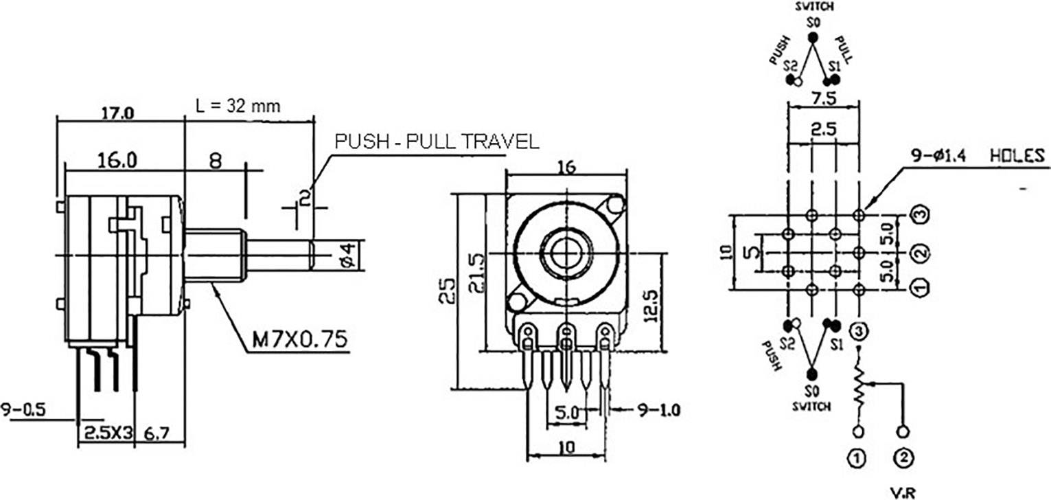 Dessin technique d'un interrupteur avec dimensions et détails de connexion. Comprend des indications de mesures, des étiquettes de broches et un schéma de câblage.