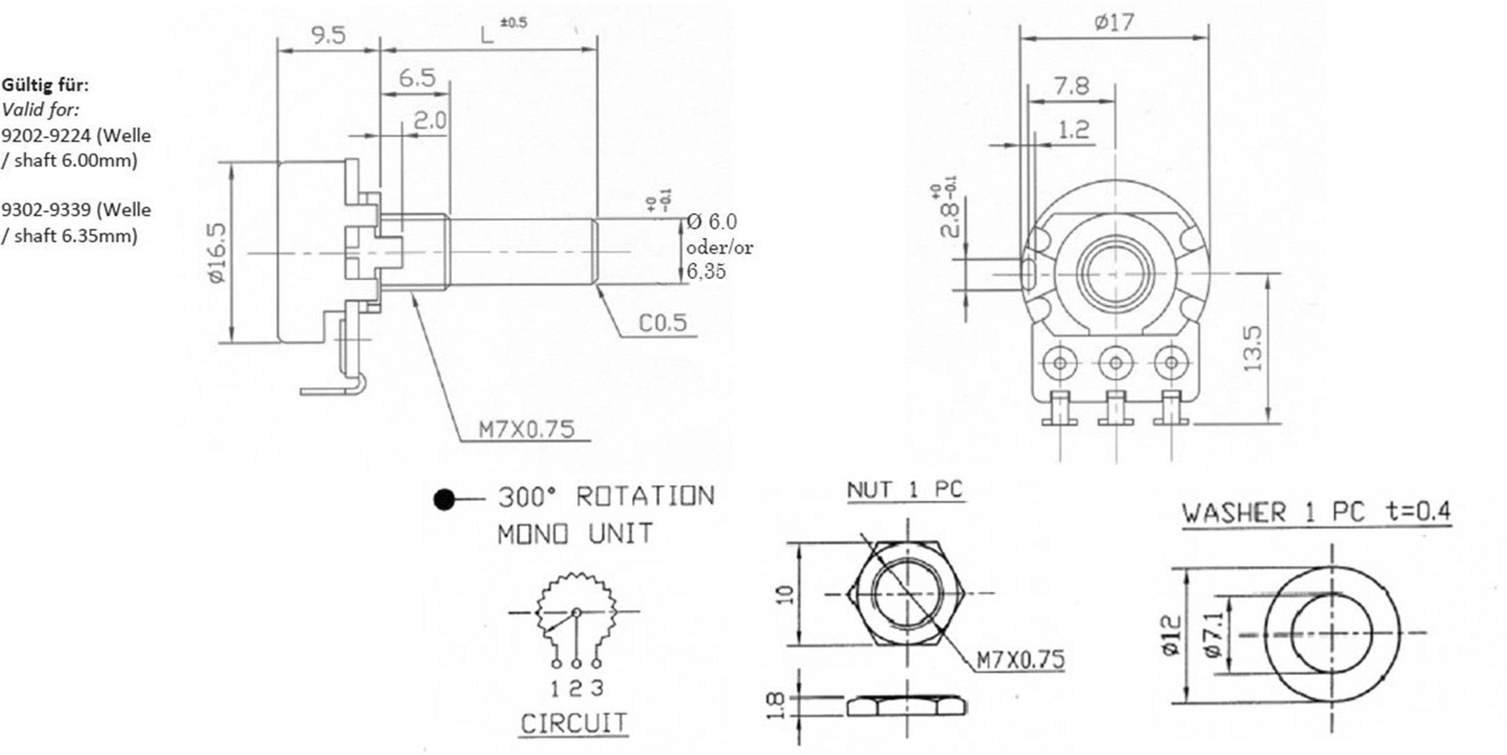 Dessin technique d'un potentiomètre rotatif avec dimensions et spécifications. Montre une rotation de 300°, les dimensions de filetage et le schéma de connexion.