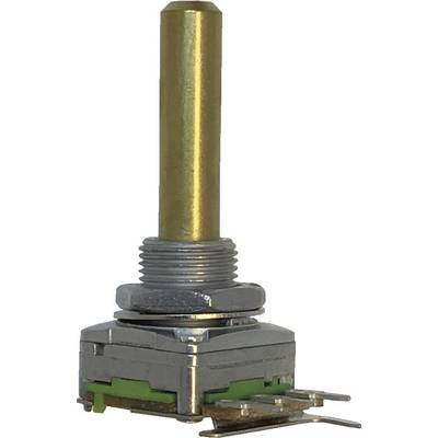 Potentiomètre rotatif avec axe métallique et connexions électriques, utilisé pour réguler les signaux électriques dans les dispositifs électroniques.