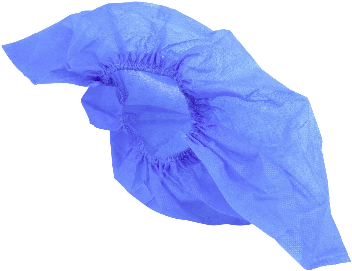 Un sur-chaussure jetable bleu en matériau léger non tissé.