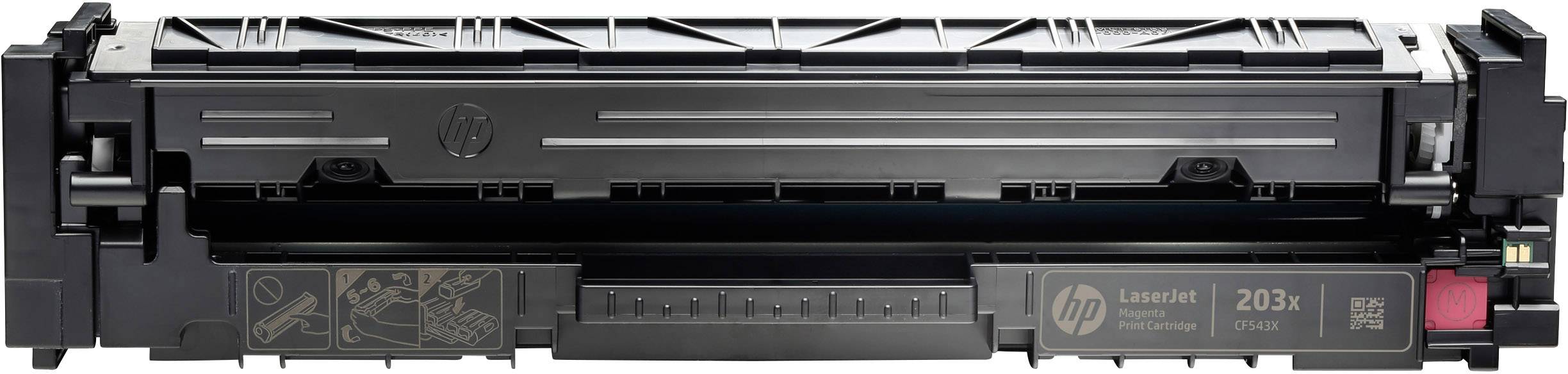 Une cartouche de toner noir HP 203X. Adaptée à certains modèles d'imprimantes HP, avec logo HP et numéro de modèle.