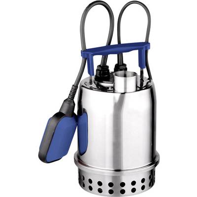 Pompe de relevage argentée avec des touches bleues et un interrupteur à flotteur. Adaptée aux applications eaux usées ou de drainage.