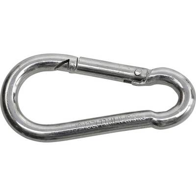 Un mousqueton en acier argenté avec mécanisme de verrouillage, couramment utilisé dans les sports d'escalade ou pour sécuriser des charges lourdes.