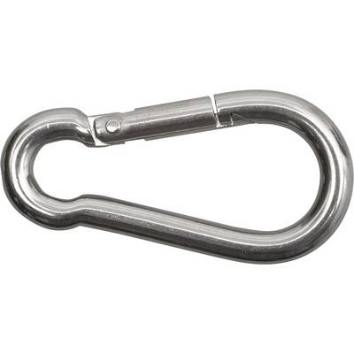 Mousqueton en métal argenté dans une position ouverte, utilisé pour connecter ou sécuriser des objets.