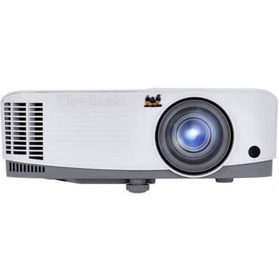Un projecteur blanc avec un socle gris et un objectif bleu lumineux, adapté à la projection d'images et de vidéos dans les espaces intérieurs.