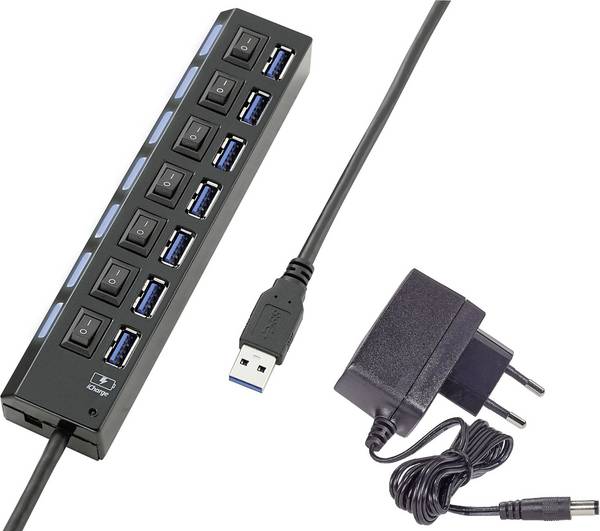 Hub USB Renkforce 7 ports commutable individuellement, avec LEDs de statut, avec port de charge iPad noir