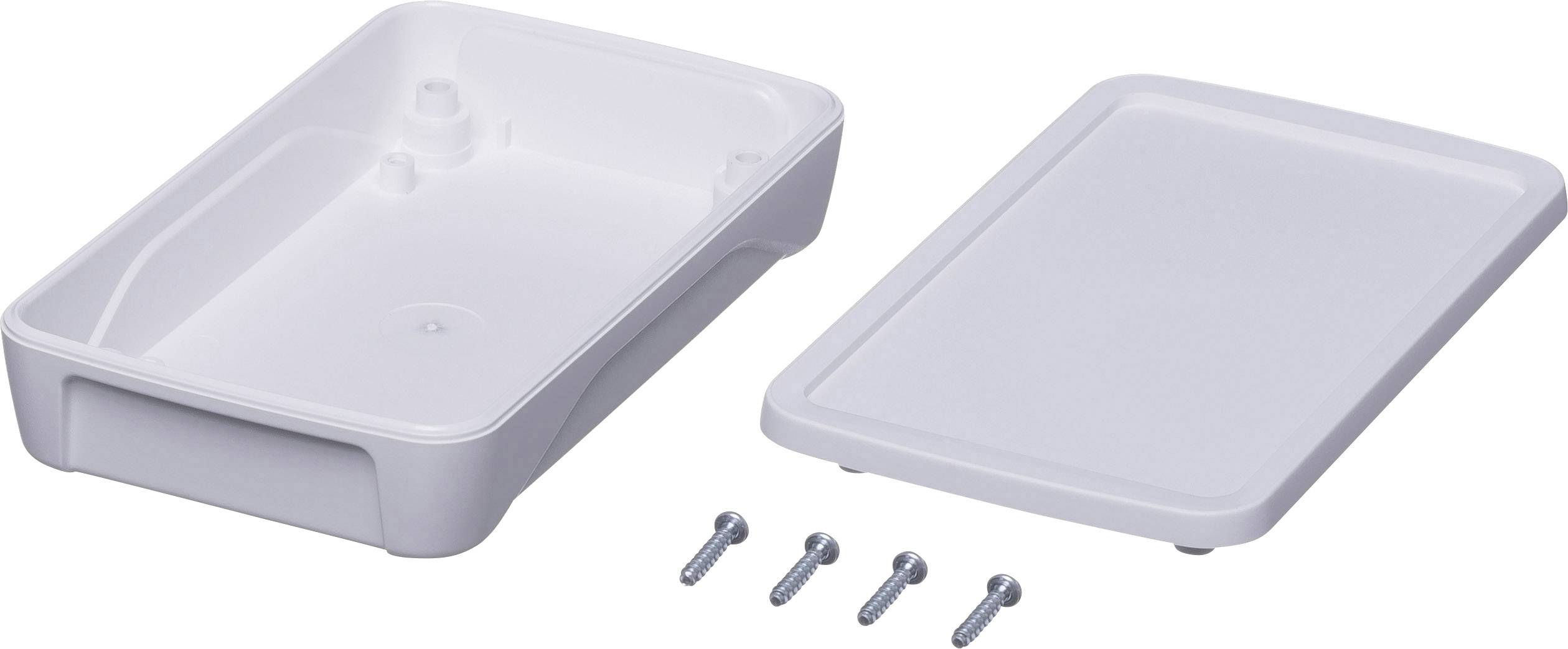 Un boîtier en plastique blanc avec un couvercle amovible et quatre vis, adapté aux appareils électroniques ou aux projets de bricolage.