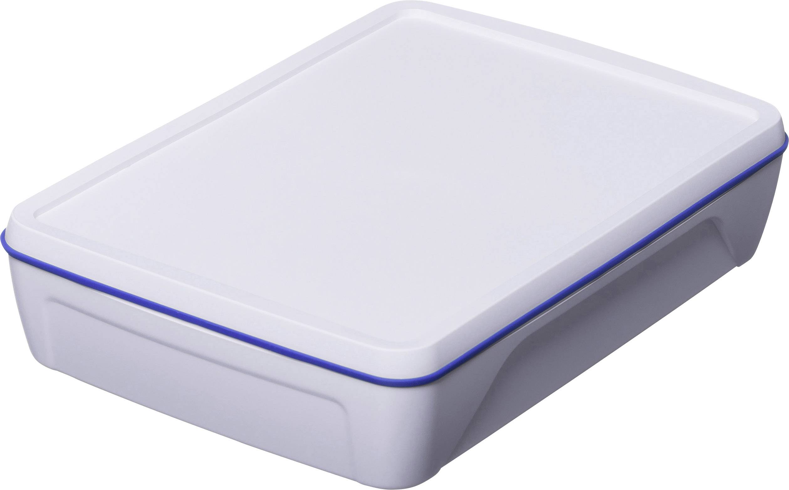 Boîte rectangulaire blanche en plastique avec un couvercle amovible et un bord bleu. Elle semble avoir été conçue pour le rangement.