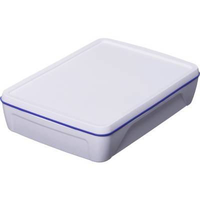 Boîte rectangulaire blanche en plastique avec un couvercle amovible et un bord bleu. Elle semble avoir été conçue pour le rangement.