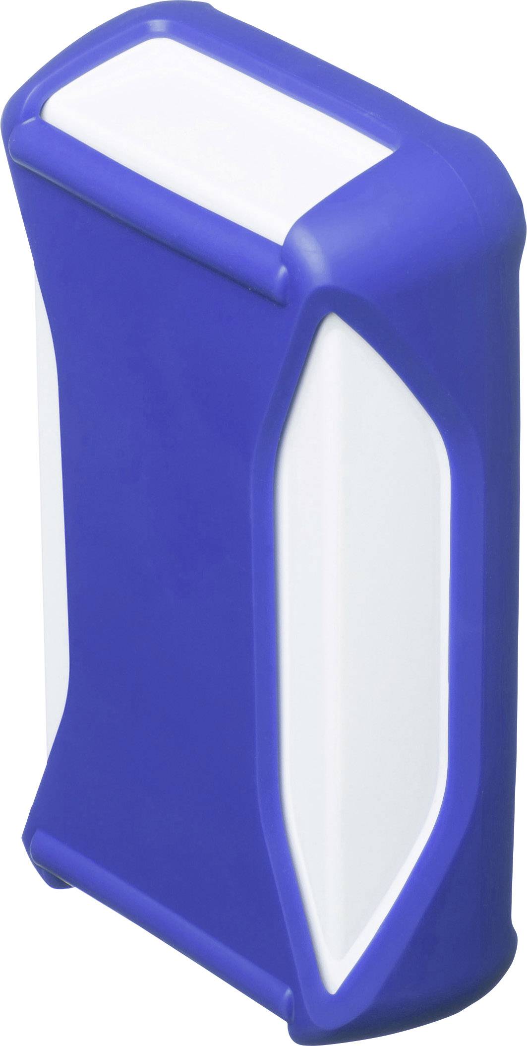 Un objet bleu, rectangulaire avec des coins arrondis et des surfaces latérales blanches, probablement un appareil électronique ou un accessoire.