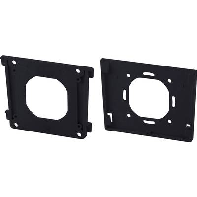 Deux supports en plastique noir carrés avec des découpes pour le montage d'appareils ou de composants.