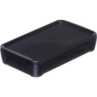 Boîtier noir rectangulaire en plastique avec des coins arrondis, probablement destiné au stockage d'électronique ou d'appareils.