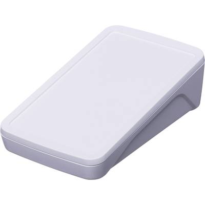 Une boîte en plastique blanche, rectangulaire, avec des angles arrondis, légèrement inclinée. Ressemble à un boîtier pour appareils électroniques.