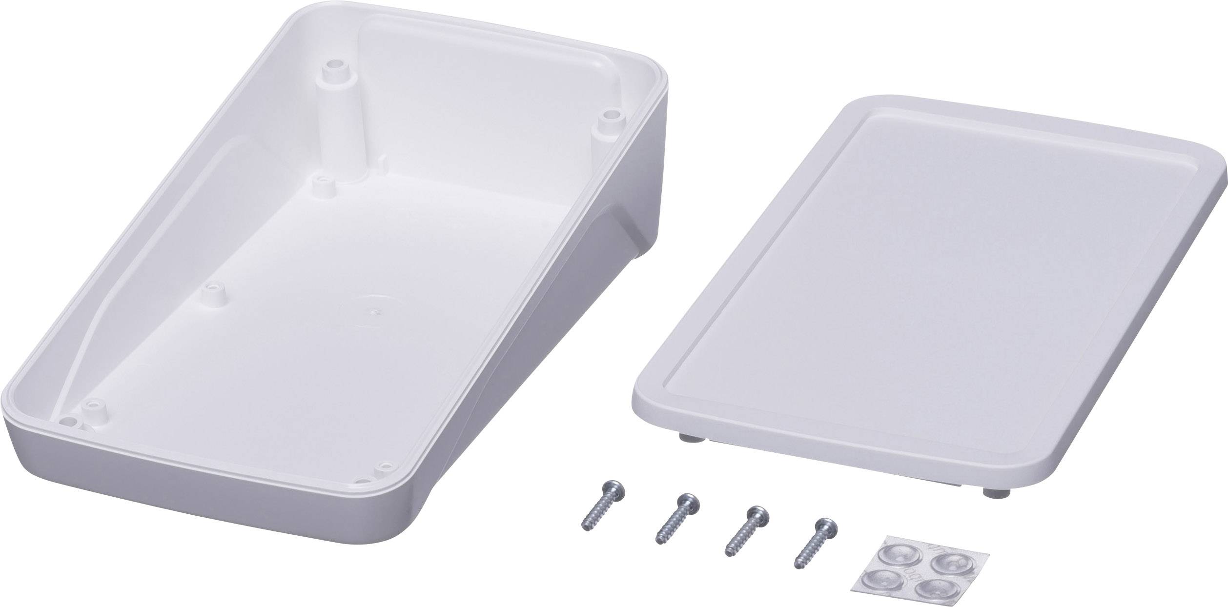 Boîte en plastique blanc, composée d'un boîtier ouvert et d'un couvercle, avec quatre vis et quatre petits autocollants ronds.