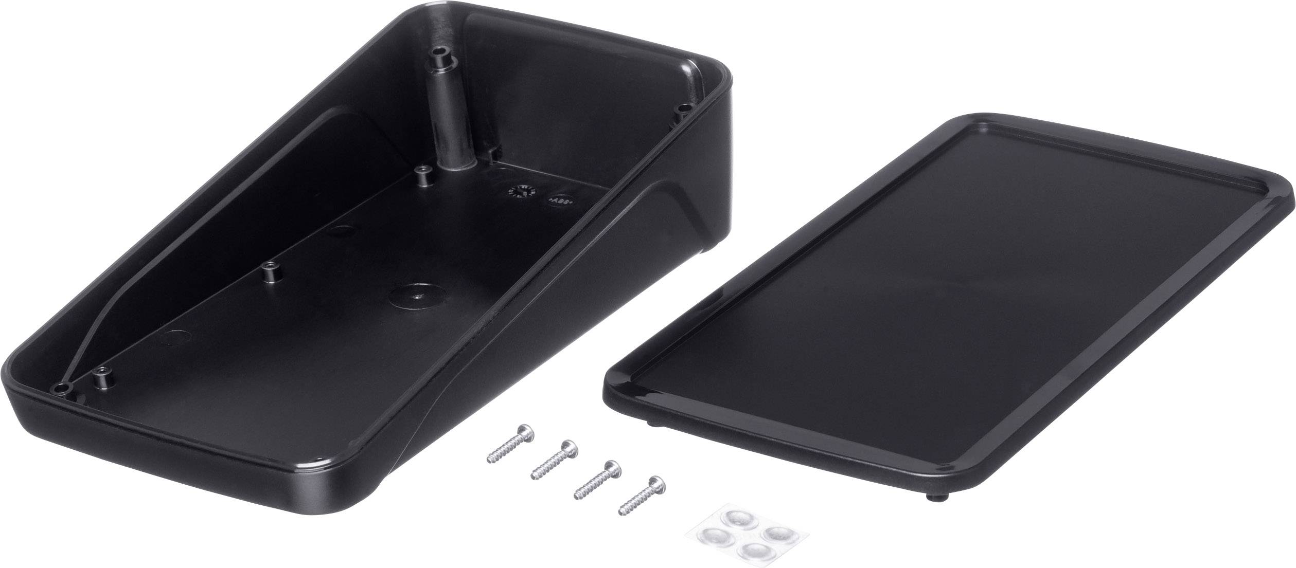 Couvercle en plastique noir avec couvercle amovible, quatre vis et quatre pieds en caoutchouc auto-adhésifs.