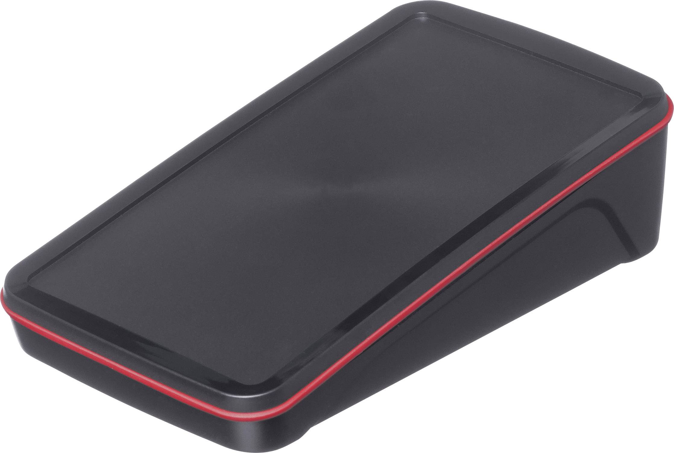 Appareil noir, de forme trapézoïdale avec un bord rouge, probablement un accessoire électronique, sur un fond blanc.