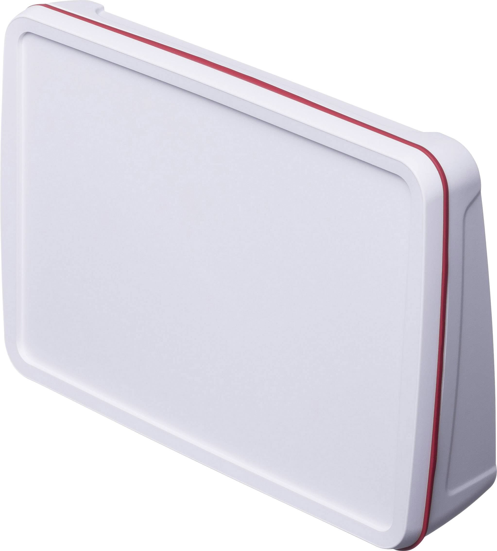 Un rectangle blanc avec une ligne rouge sur un bord, qui rappelle un appareil électronique plat.