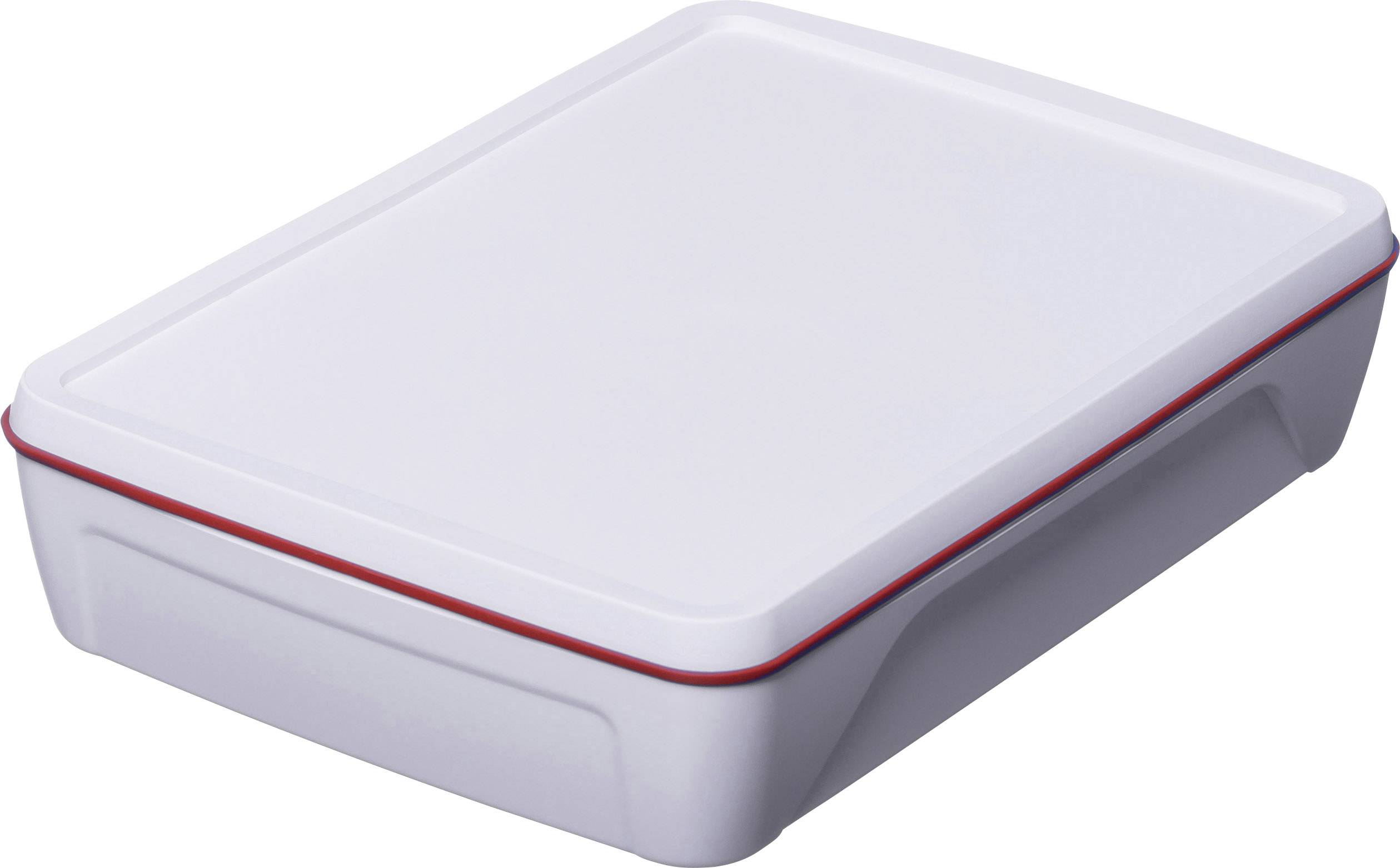 Boîte en plastique blanche rectangulaire avec un bord rouge et un couvercle amovible. Adaptée au rangement ou au transport.