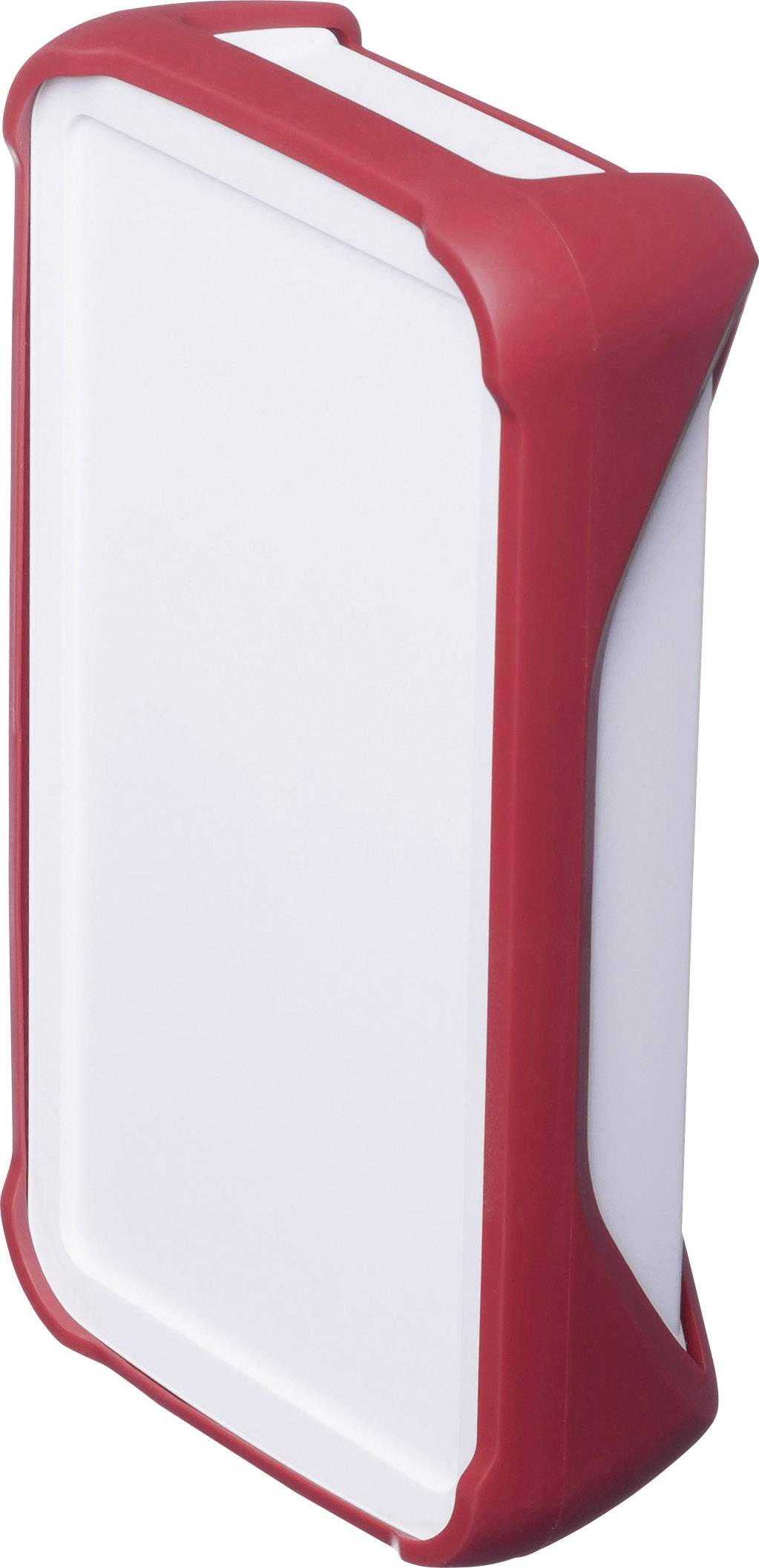 Un objet rectangulaire blanc avec des bords rouges, possiblement un appareil électronique ou un étui.