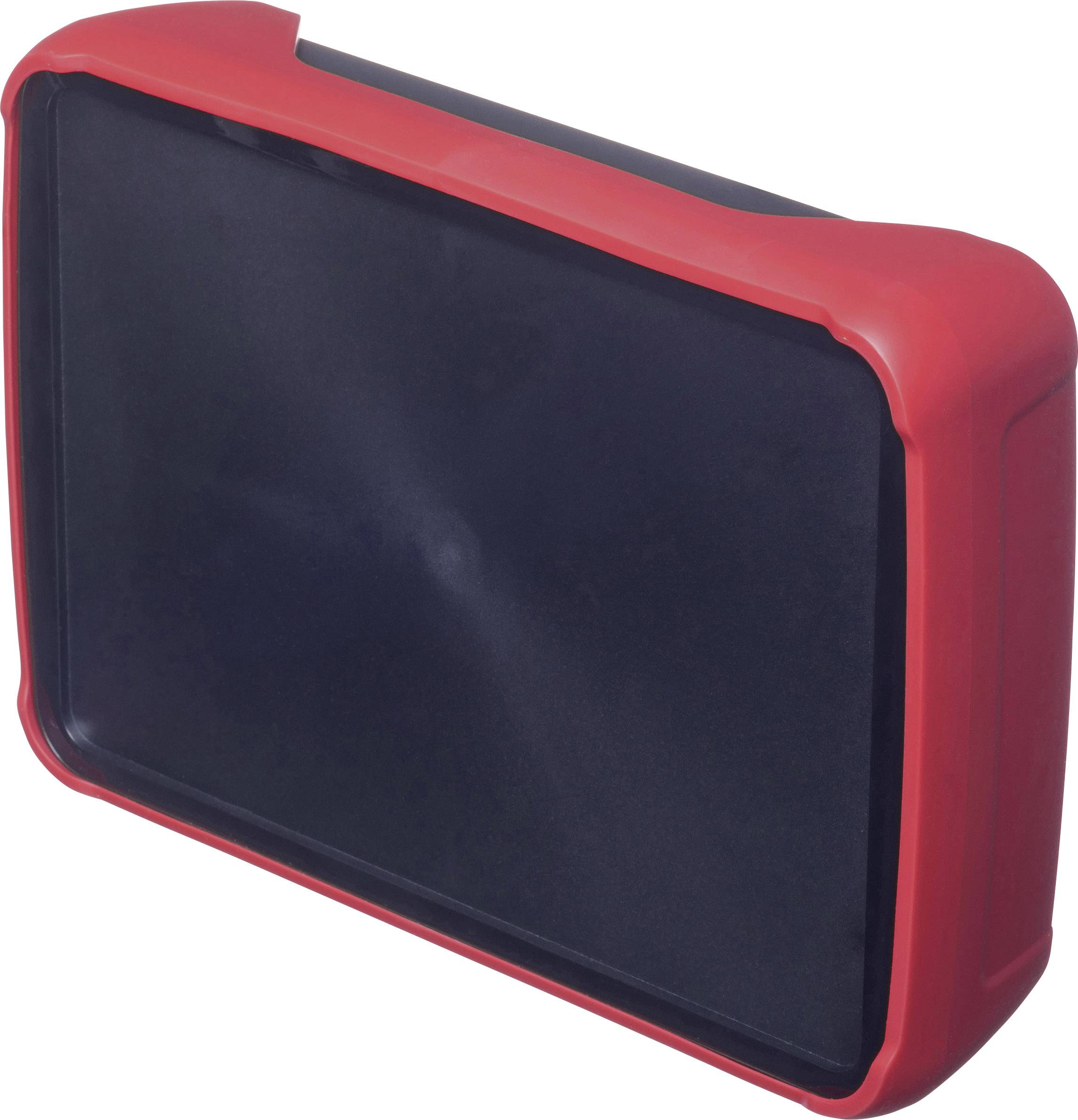 Un appareil électronique rectangulaire noir avec un boîtier rouge, vu de côté. On dirait une tablette.
