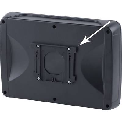 Dos d'un appareil électronique avec un support mis en évidence par une flèche.