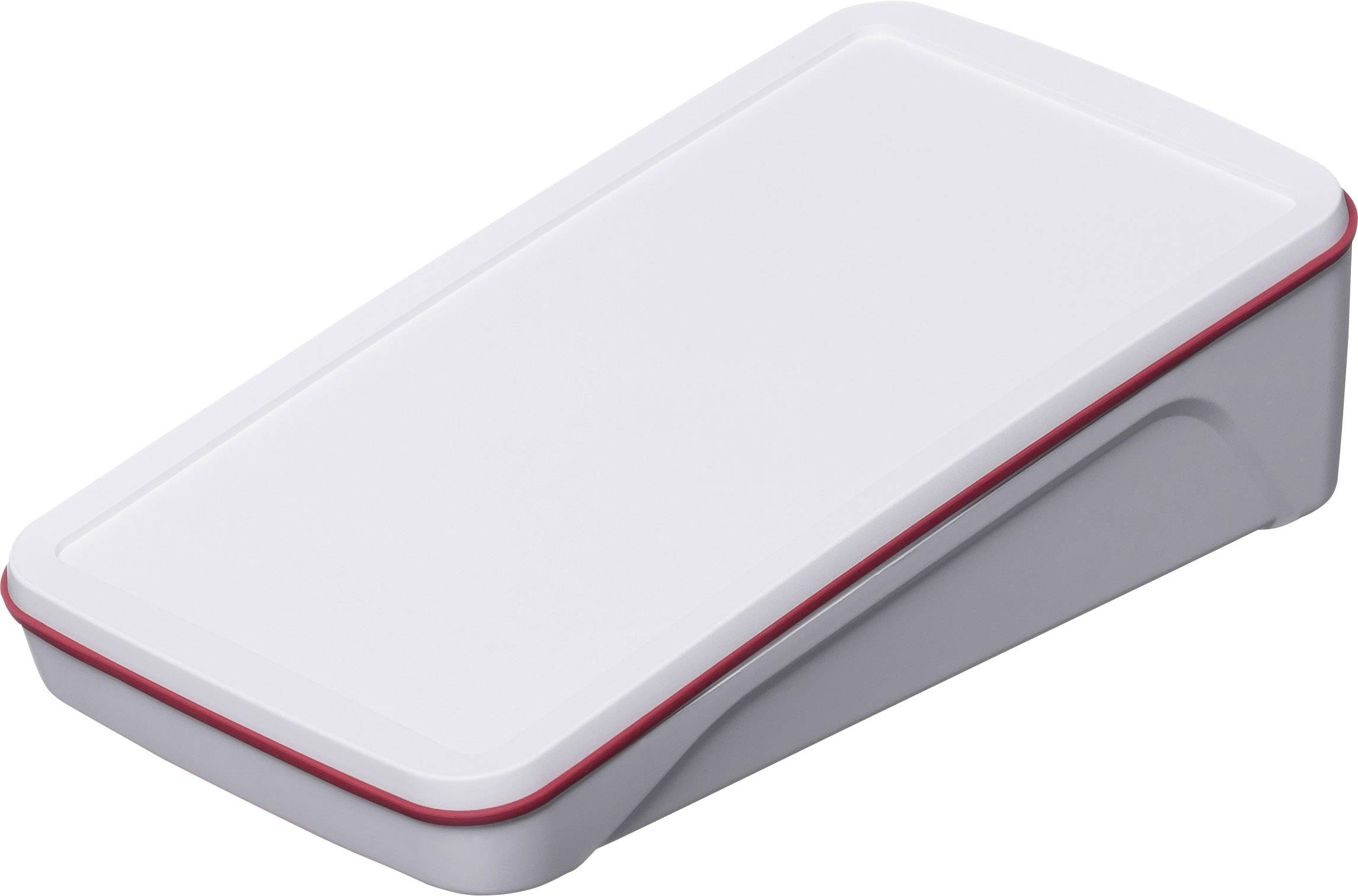Boîtier en plastique de forme rectangulaire, blanc avec un accent rouge sur les bords, coins arrondis, adapté aux appareils électroniques.