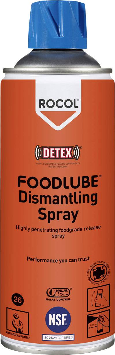 Bombe de spray orange portant l'inscription 'FOODLUBE Spray de Démontage'. Points mis en évidence : compatibilité alimentaire et haute capacité de pénétration.