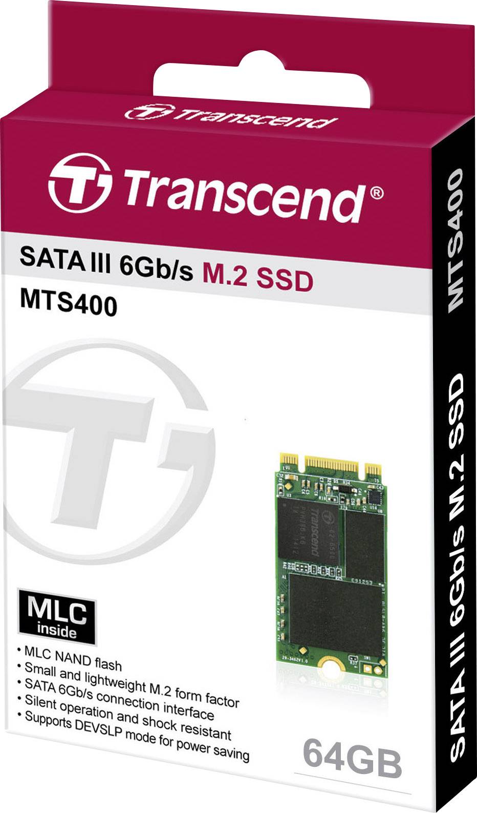 Emballage du SSD M.2 'Transcend' de 64 Go, vitesse SATA III 6 Gb/s, décrivant une construction robuste et compacte.
