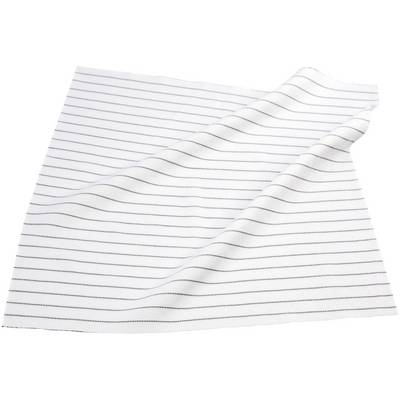 Un torchon blanc avec des rayures noires horizontales, réparties uniformément. Il est légèrement drapé.