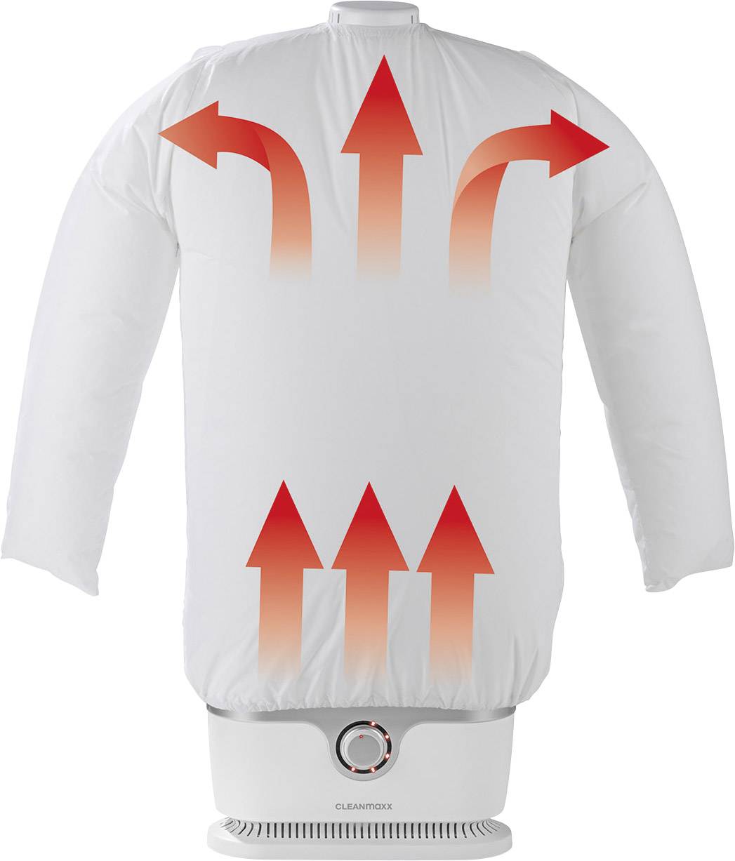 Un fer à repasser blanc avec des flèches rouges indiquant la circulation d'air et le lissage des vêtements. L'appareil principal est visible en bas.
