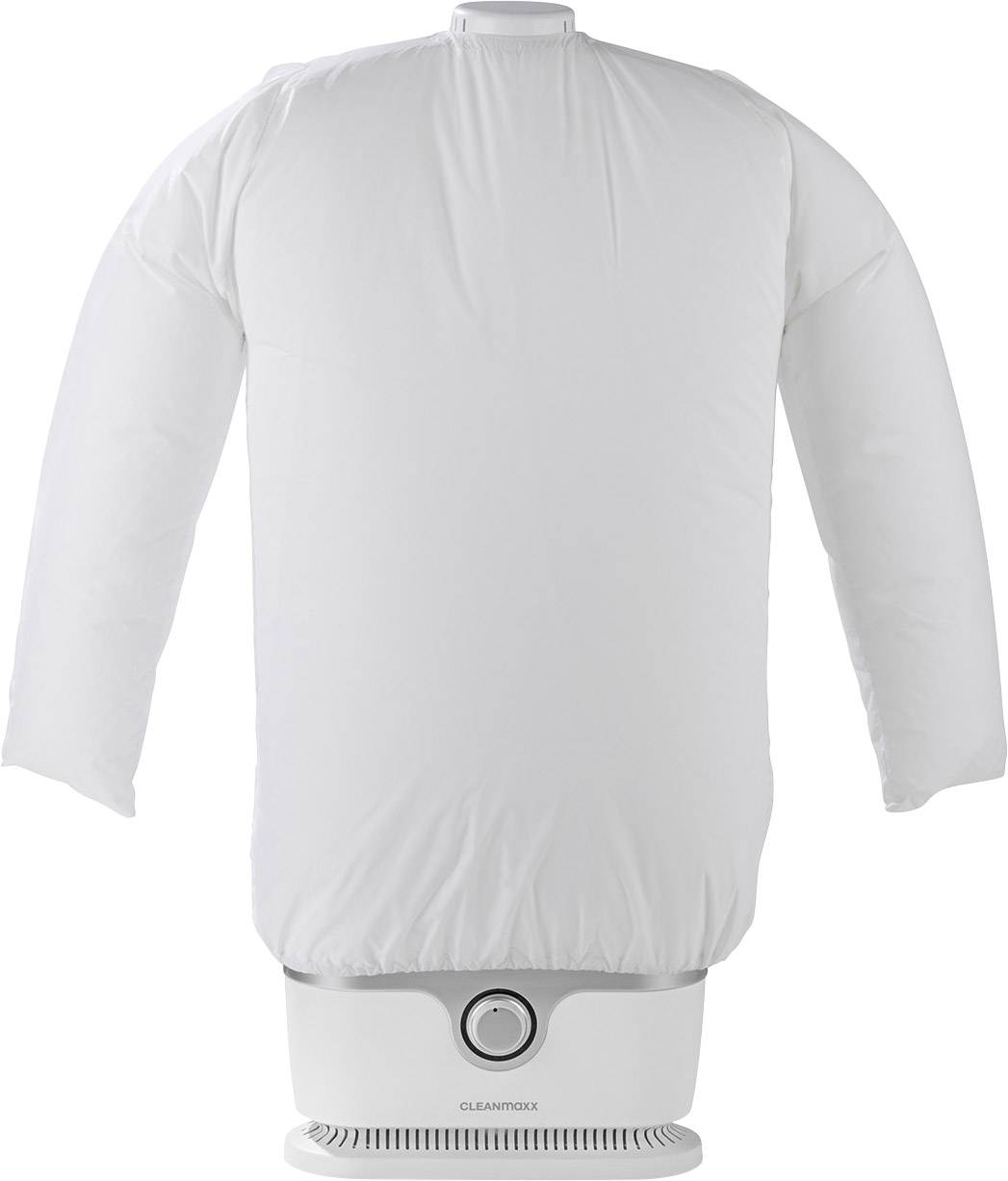 Un appareil de repassage automatique blanc avec des manches gonflées pour chemises. Idéal pour repasser et sécher les vêtements efficacement.