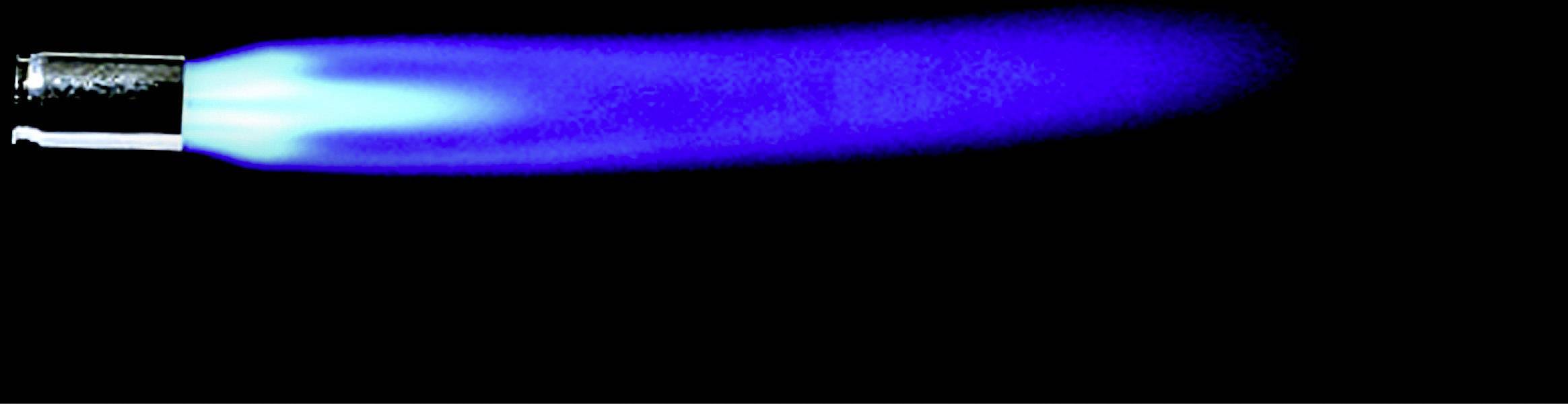 Jet de flamme bleu provenant d'un brûleur sur un fond noir, montrant une combustion calme et uniforme.