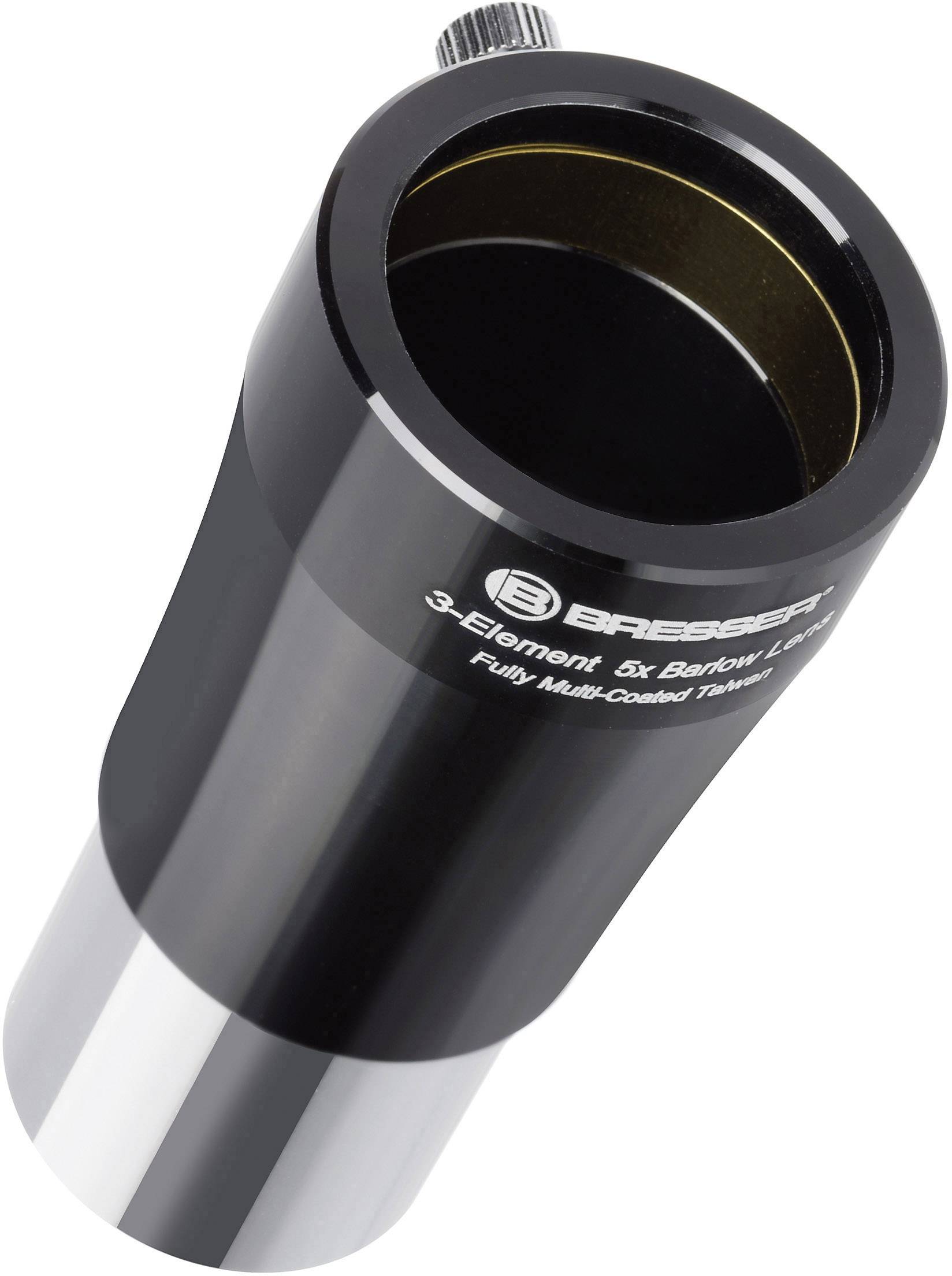 Lentille de Barlow noire avec base argentée et inscription 'BRESSER Lentille de Barlow 3 éléments 5x'. Accessoire d'astronomie.