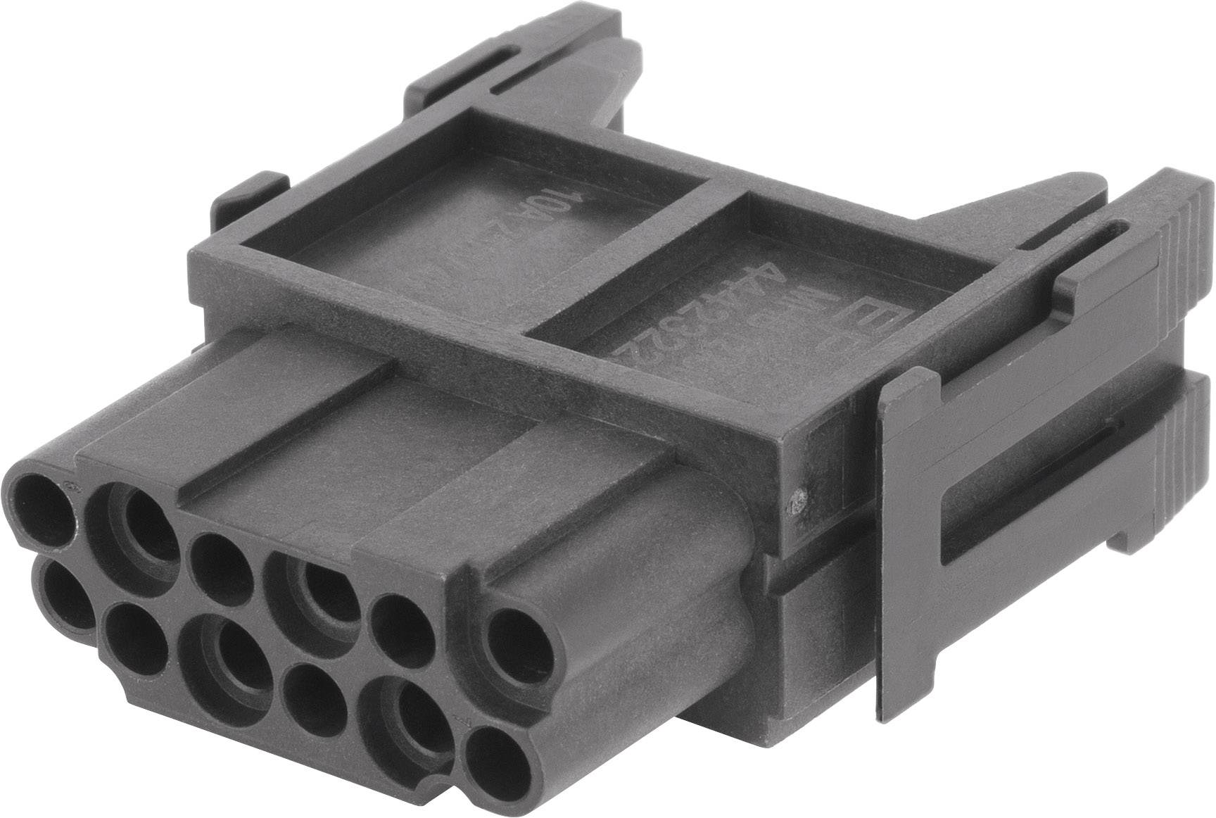 Un connecteur noir en plastique avec plusieurs orifices de connexion circulaires, probablement un connecteur électrique ou électronique.