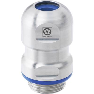 Presse-étoupe métallique pour applications industrielles, finition argent brillant avec joint d'étanchéité bleu. Logo du 'GROUPE LAPP' visible.