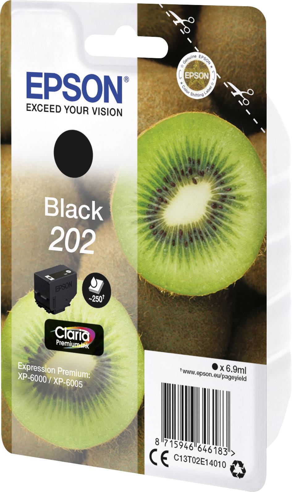 La cartouche d'encre Epson 202, couleur noire, pour les modèles d'imprimantes XP-6000 et XP-6005. Des fruits kiwis sont représentés sur l'emballage.