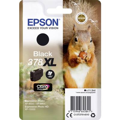 Un emballage avec une image d'un écureuil tenant une noix. Inscription 'Epson 378XL Black' et illustration de cartouche d'encre.