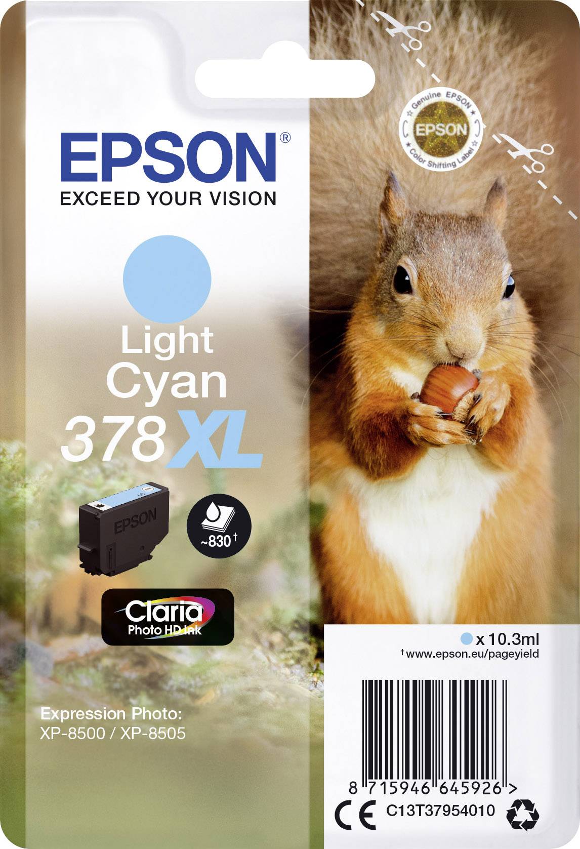 Cartouche d'encre 'EPSON', 'Cyan Clair 378XL' pour imprimante. Illustration représentant un écureuil. Compatible avec 'Expression Photo : XP-8500/XP-8505'.