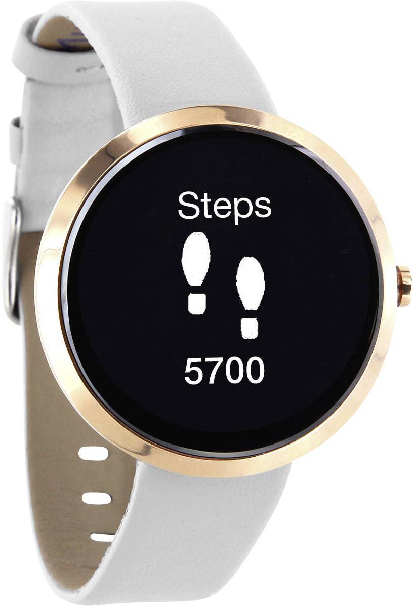 Montre connectée dorée avec bracelet blanc affichant 'Steps' et en dessous '5700' avec des symboles d'empreinte de pas sur l'écran.