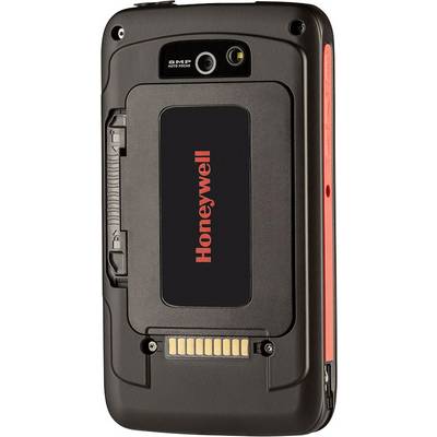 Un scanner portable Honeywell en noir, montrant l'arrière avec l'objectif de la caméra et le logo. Construction simple et robuste pour une utilisation industrielle.
