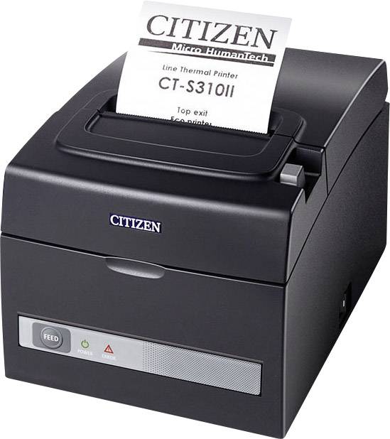 Imprimante thermique noire avec sortie papier en haut ; le nom de marque 'CITIZEN' et le numéro de modèle 'CT-S310II' sont visibles.