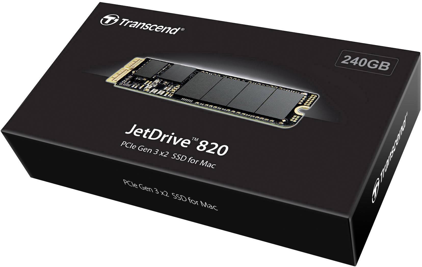 Transcend JetDrive 820, un SSD PCIe Gen 3 x2 de 240 Go, spécialement conçu pour Mac, présenté dans un emballage noir.