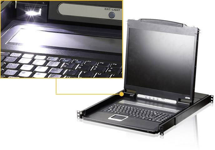 Un ordinateur portable rack avec un écran coulissant montre un clavier rétroéclairé et l'inscription 'EXIT/LIGHT' au-dessus du clavier.