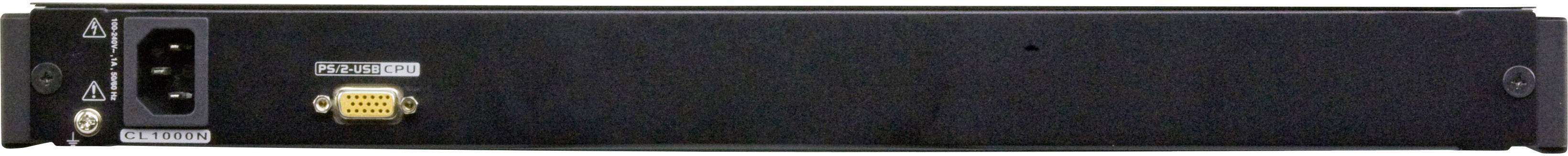 Un appareil électronique noir avec une prise d'alimentation et un port VGA à l'arrière, adapté pour un montage en rack.